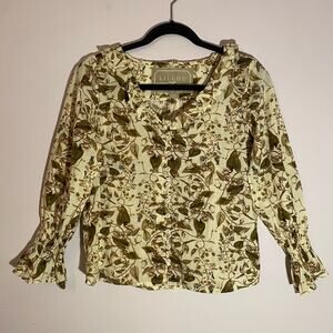 Lillou Golden Vines Floral Cotton Button Up Feminine Blouse Top Women's size XS